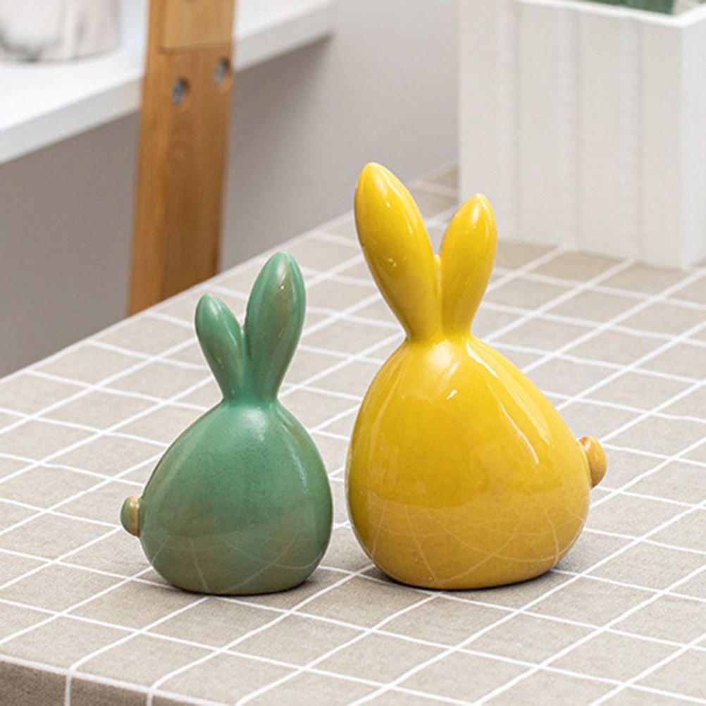 Ceramic Rabbit Figurines Easter Long Ear Bunny Ornament Desktop Animal Doll Home Office Room Decoration