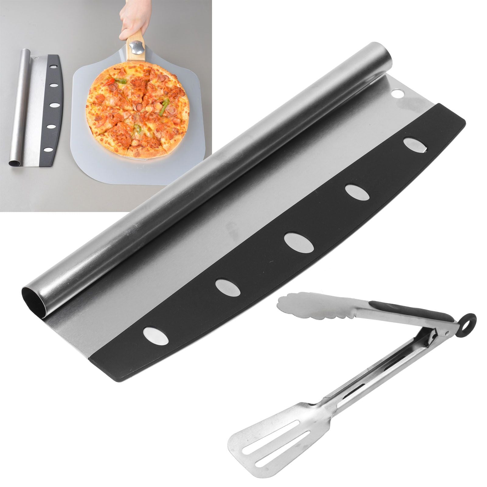 Stainless Steel Sharp-edged Pizza Rocker w/ Tongs