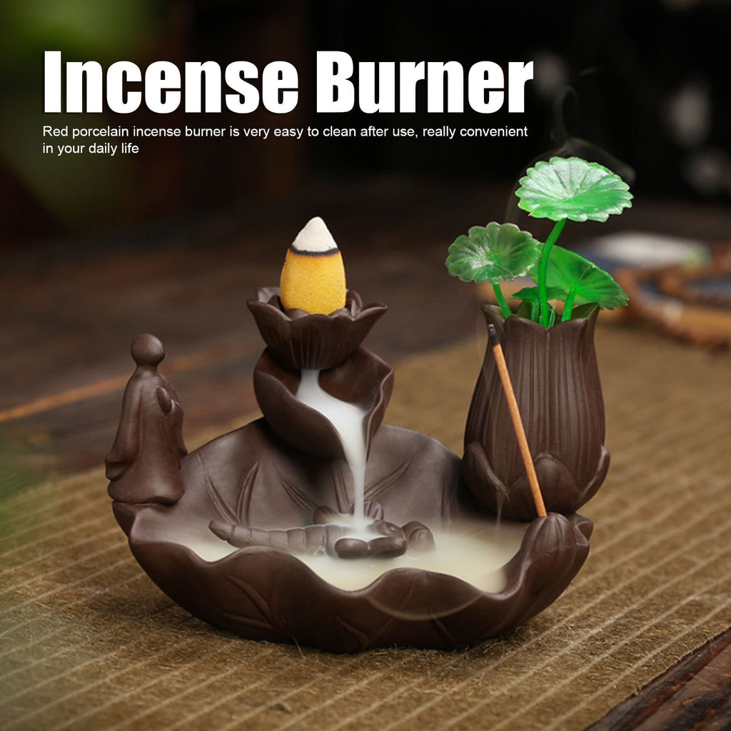 Incense Burner Red Porcelain Dragonfly Shape Backflow Smoke Waterfall Sandalwood Home Decor
