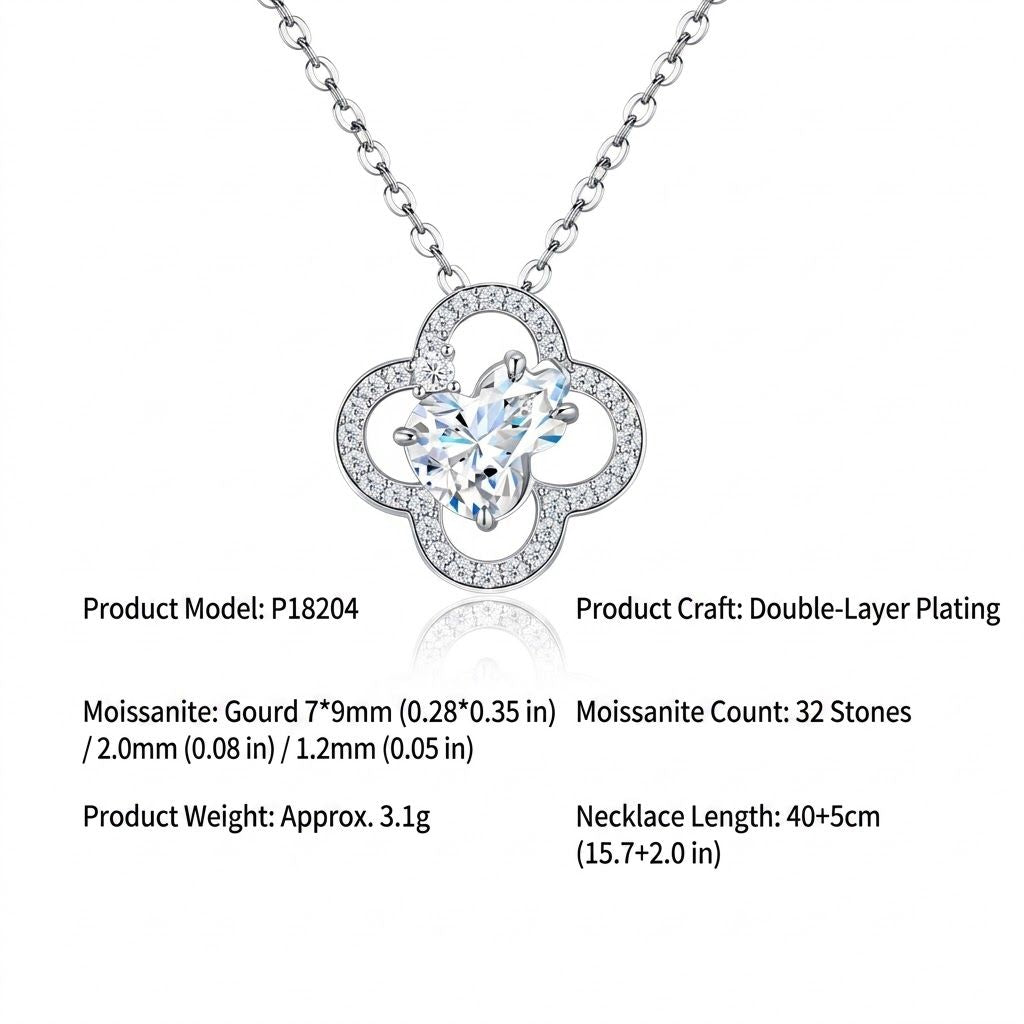 Elegant Moissanite Four-Leaf Clover Pendant Necklace with GRA Certificate – 925 Silver Plated, Hypoallergenic, Fade-Resistant, Lightweight Luxury Jewelry for Everyday Wear and Thoughtful Gift Giving (Moissanite, Premium S925)