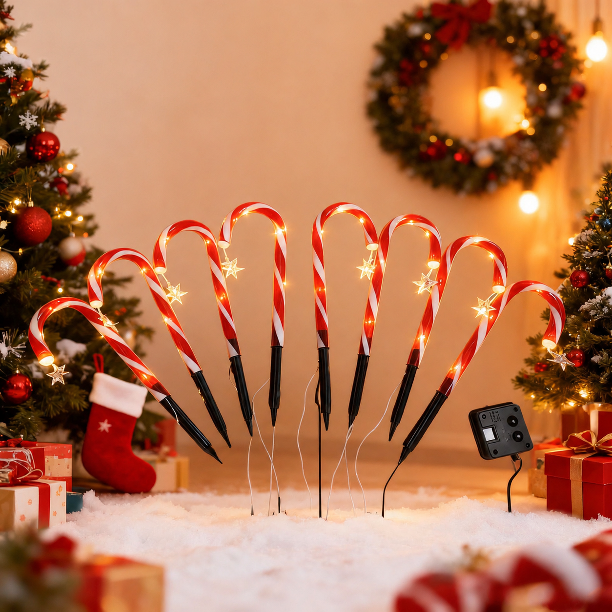 Solar Candy Cane Pathway Lights with Star Accents, 5-Pack Red & White Striped LED Stake Lights, Warm Glow for Christmas Yard, Garden and Holiday Party Display (1PCS)