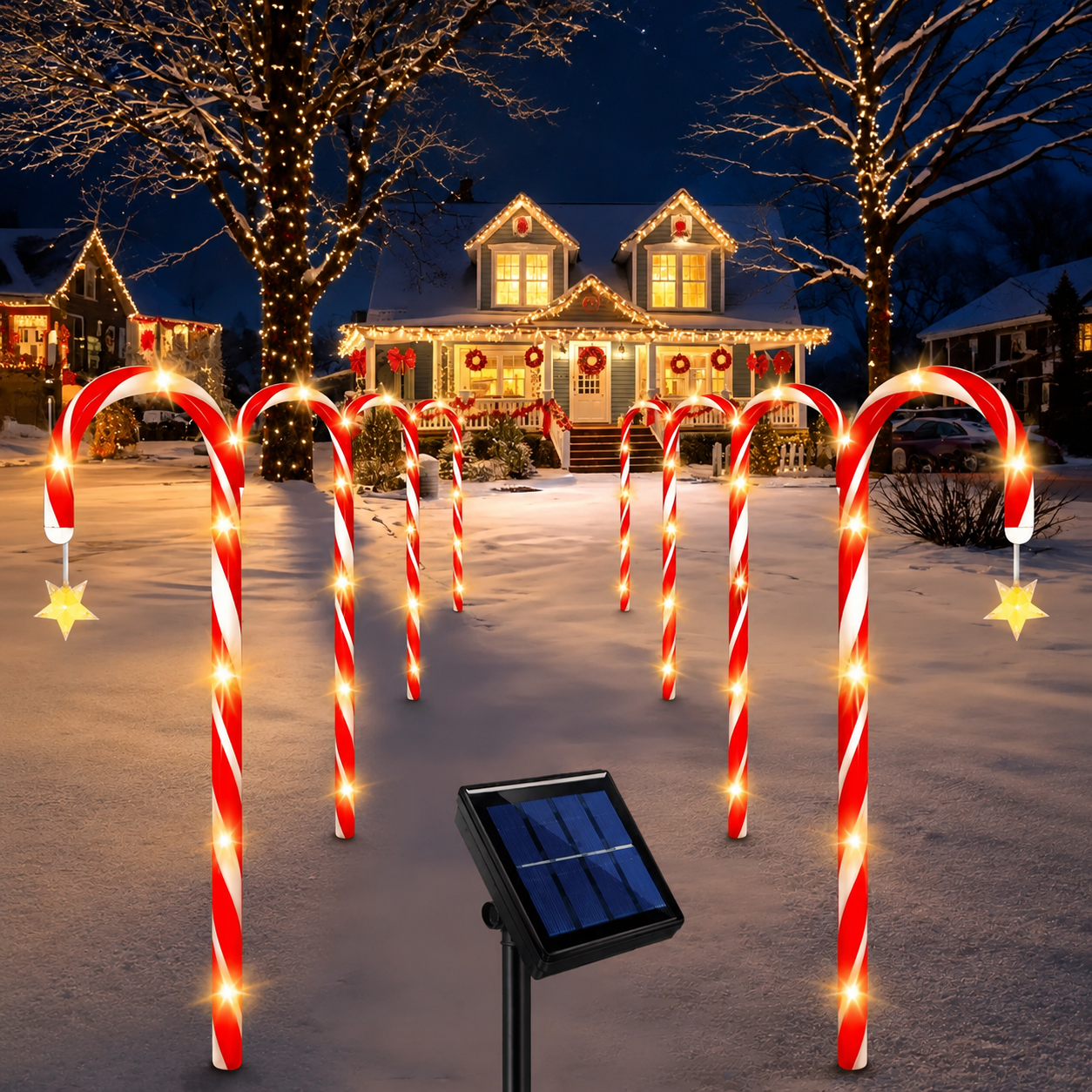 Solar Candy Cane Pathway Lights with Star Accents, 5-Pack Red & White Striped LED Stake Lights, Warm Glow for Christmas Yard, Garden and Holiday Party Display (1PCS)