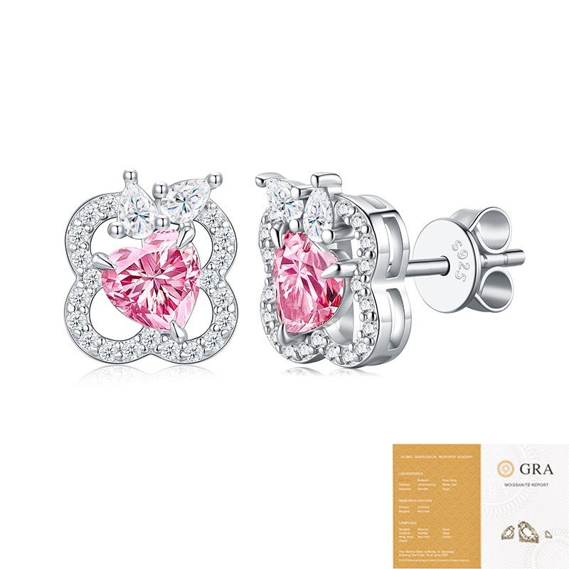 Elegant Pink Heart Moissanite Stud Earrings in 925 Silver, Four-Leaf Clover Design with Clear Moissanite Accents, Hypoallergenic, Tarnish-Resistant, Ideal Gift for Daily Wear and Special Occasions (Moissanite, Premium S925)