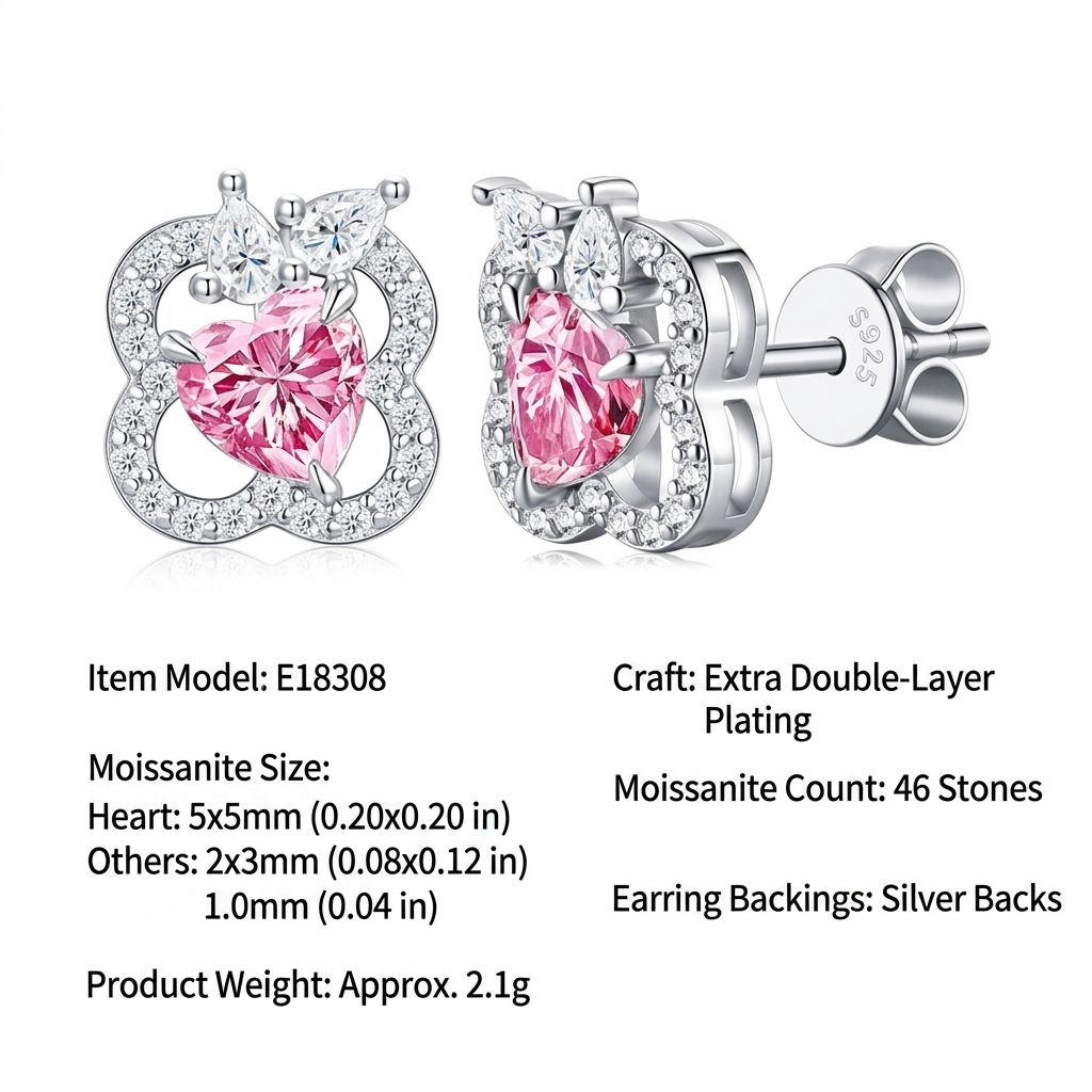 Elegant Pink Heart Moissanite Stud Earrings in 925 Silver, Four-Leaf Clover Design with Clear Moissanite Accents, Hypoallergenic, Tarnish-Resistant, Ideal Gift for Daily Wear and Special Occasions (Moissanite, Premium S925)