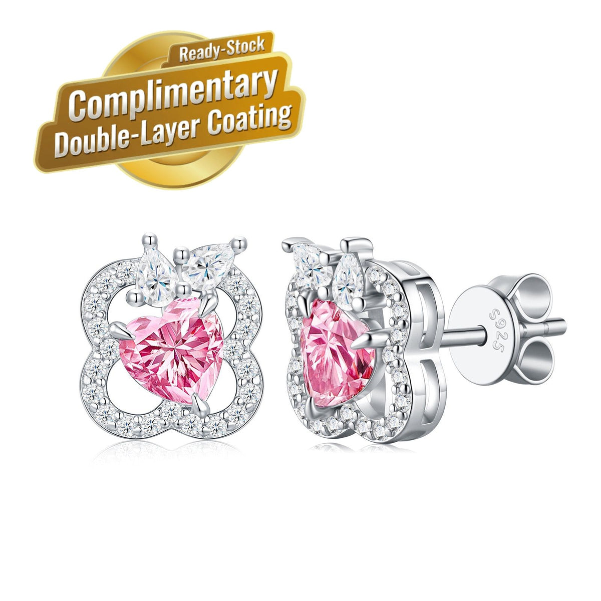 Elegant Pink Heart Moissanite Stud Earrings in 925 Silver, Four-Leaf Clover Design with Clear Moissanite Accents, Hypoallergenic, Tarnish-Resistant, Ideal Gift for Daily Wear and Special Occasions (Moissanite, Premium S925)