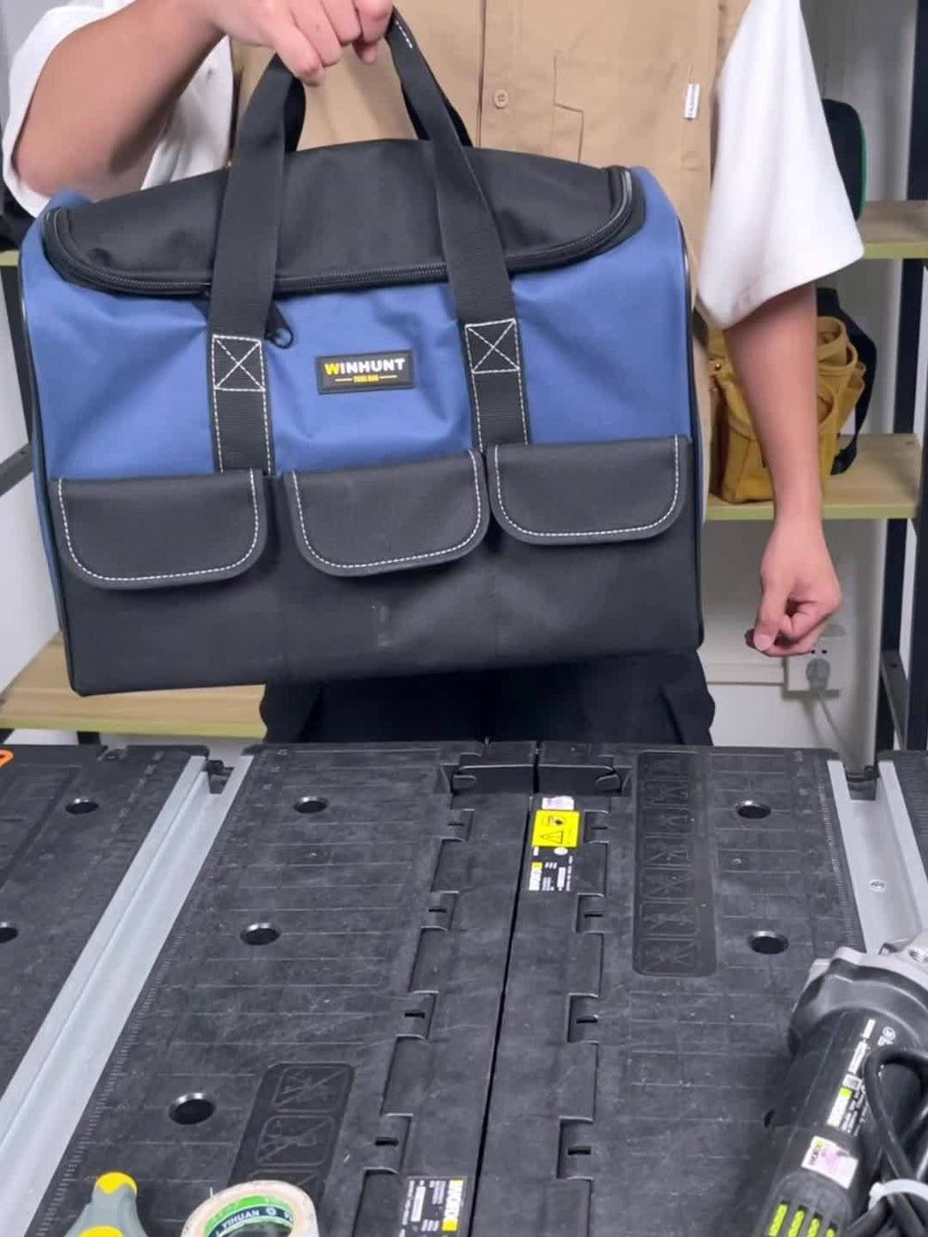 Black tool storage bag, large capacity tool bag, heavy duty tool organizer, wear resistant tool bag, professional tool carry bag, tradesman tool bag, DIY tool storage