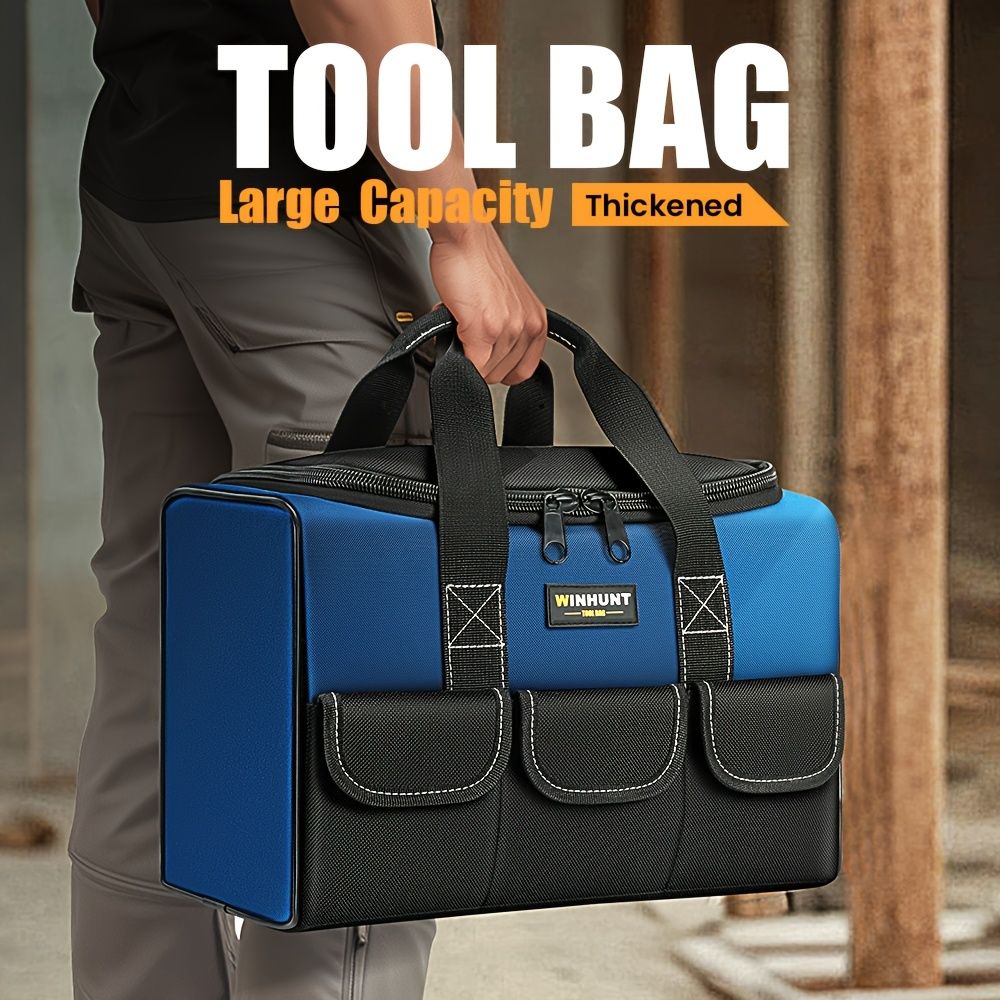 Black tool storage bag, large capacity tool bag, heavy duty tool organizer, wear resistant tool bag, professional tool carry bag, tradesman tool bag, DIY tool storage