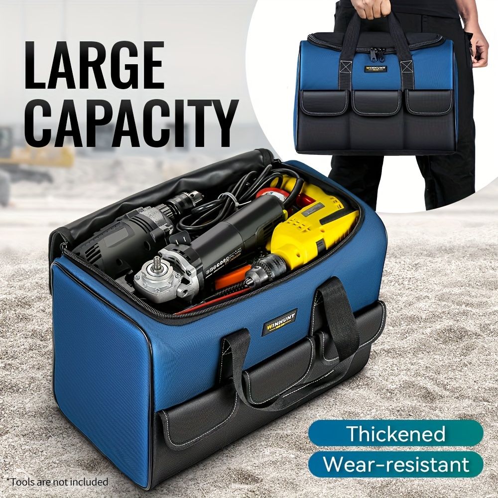 Black tool storage bag, large capacity tool bag, heavy duty tool organizer, wear resistant tool bag, professional tool carry bag, tradesman tool bag, DIY tool storage