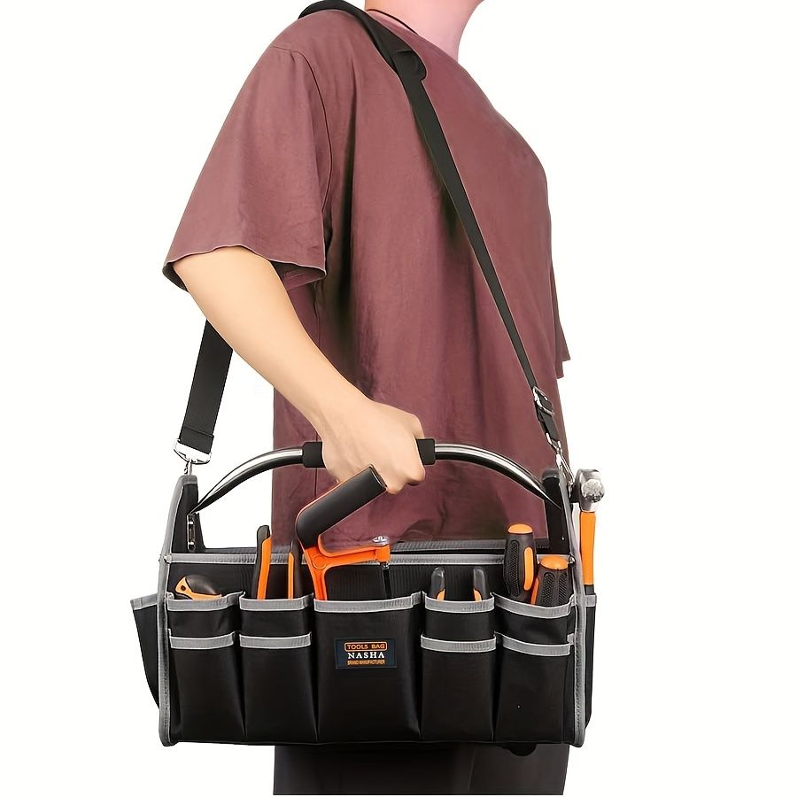 Black Yellow portable tool organizer, tool basket, tool storage, DIY tools, professional tools, tool compartments, Australian tradesperson, workshop organizer, heavy-duty tool carrier