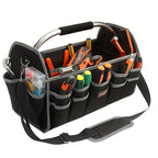 Black Yellow portable tool organizer, tool basket, tool storage, DIY tools, professional tools, tool compartments, Australian tradesperson, workshop organizer, heavy-duty tool carrier
