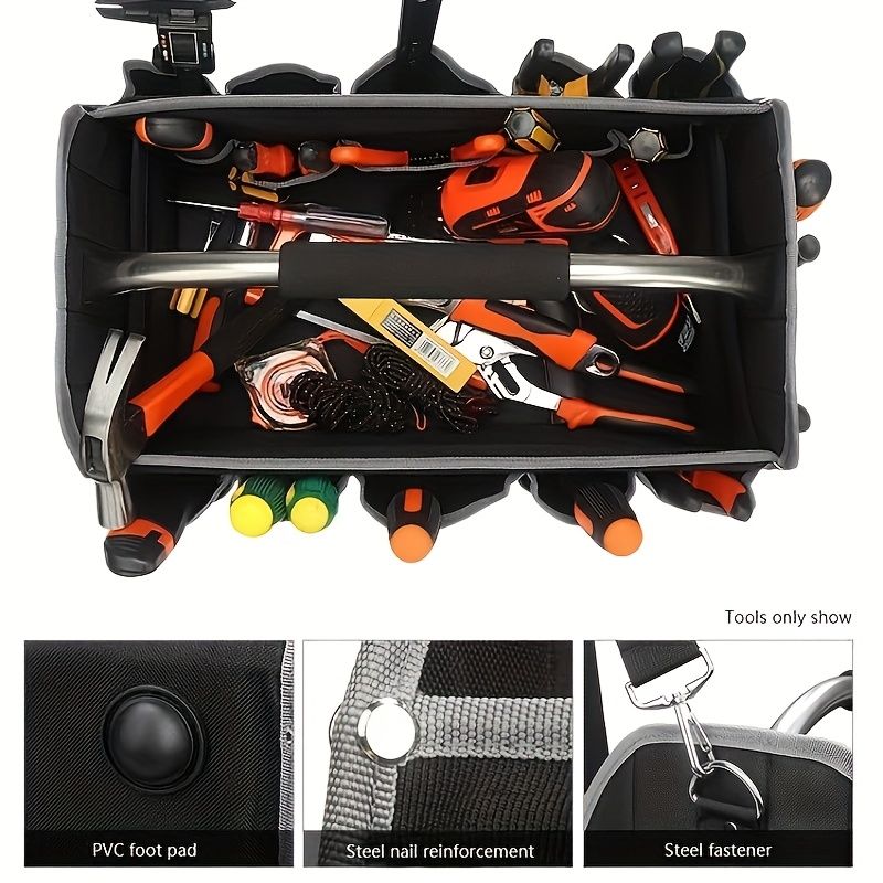 Black Yellow portable tool organizer, tool basket, tool storage, DIY tools, professional tools, tool compartments, Australian tradesperson, workshop organizer, heavy-duty tool carrier