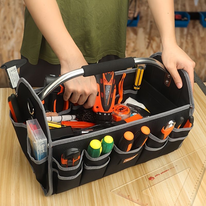 Black Yellow portable tool organizer, tool basket, tool storage, DIY tools, professional tools, tool compartments, Australian tradesperson, workshop organizer, heavy-duty tool carrier