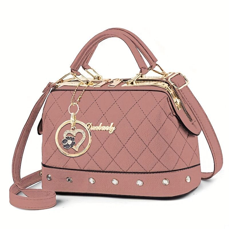 Women'S Handbag Quilted Handbag Studded Handbag Black Handbag Gold Toned - Red - Size 25-13-16