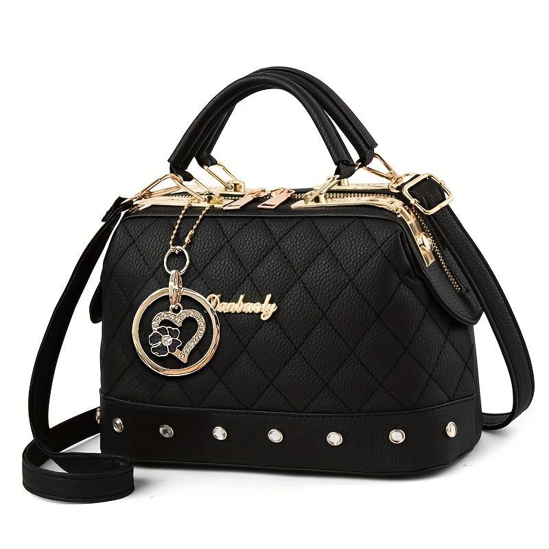 Women'S Handbag Quilted Handbag Studded Handbag Black Handbag Gold Toned - White - Size 25-13-16