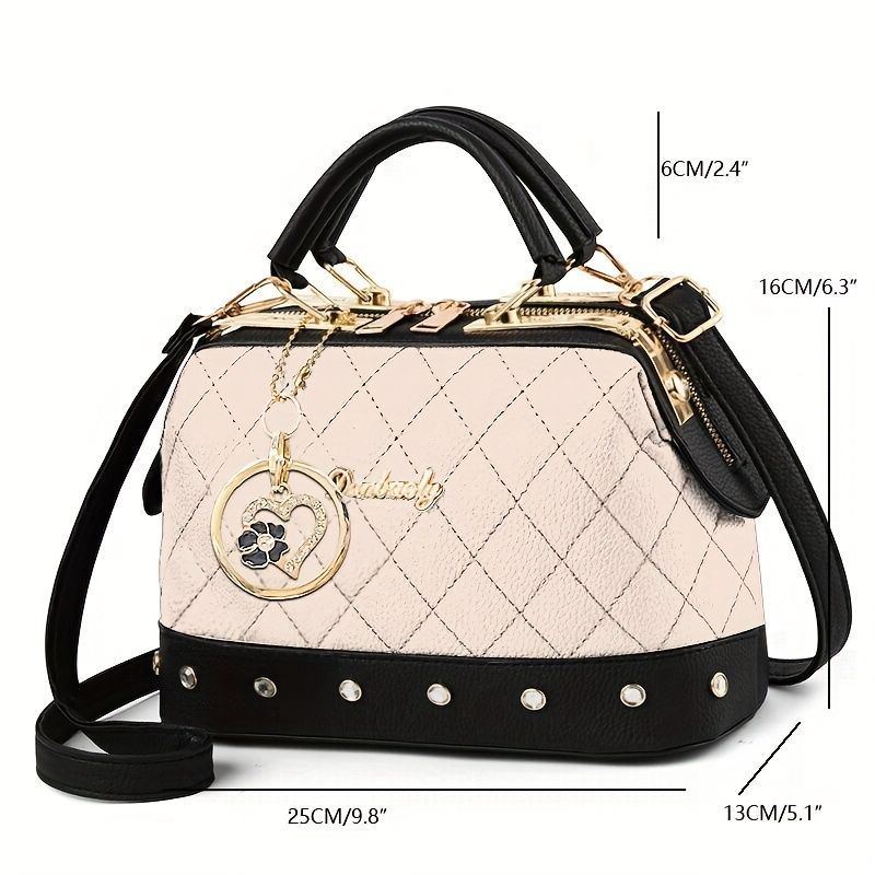 Women'S Handbag Quilted Handbag Studded Handbag Black Handbag Gold Toned - White - Size 25-13-16
