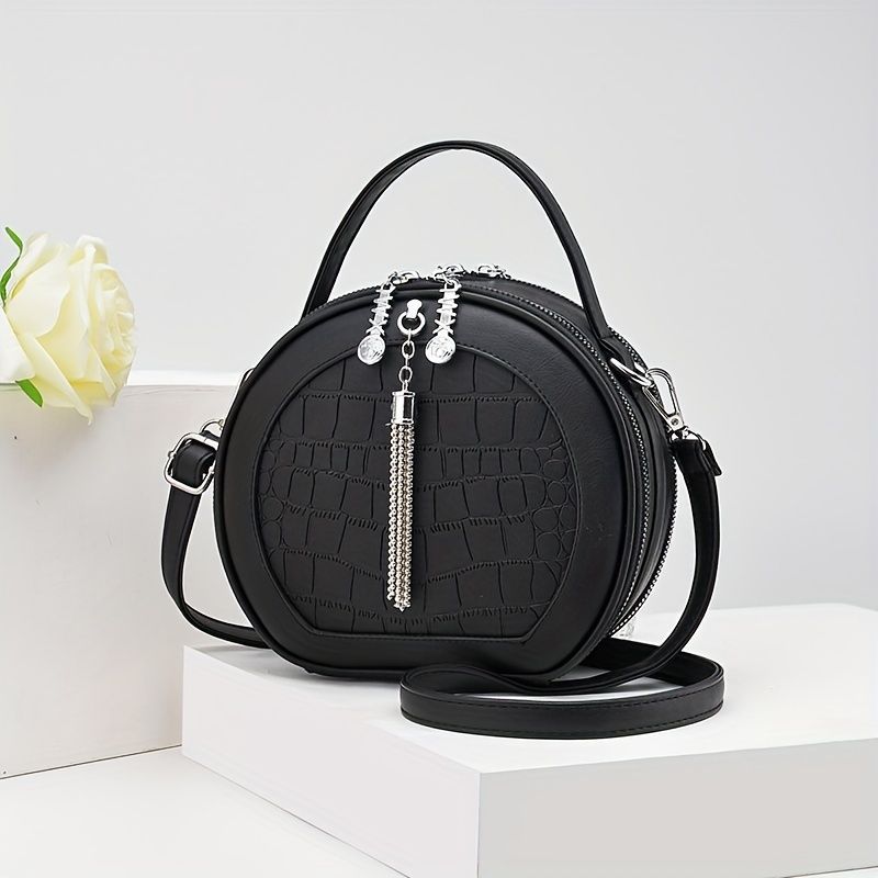 Ladies Handbag Round Handbag Croc-Embossed Handbag Tassel Handbag High-Quality - Beige - Size L