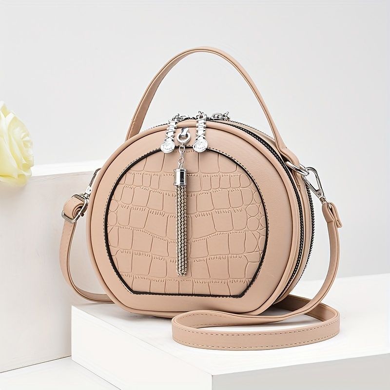 Ladies Handbag Round Handbag Croc-Embossed Handbag Tassel Handbag High-Quality - Beige - Size L