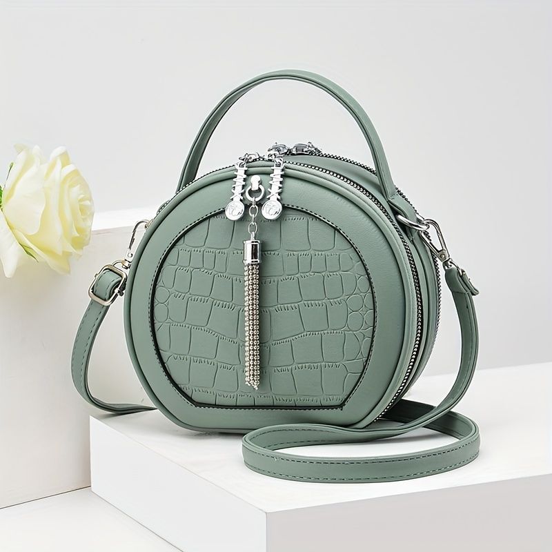 Ladies Handbag Round Handbag Croc-Embossed Handbag Tassel Handbag High-Quality - Black - Size L