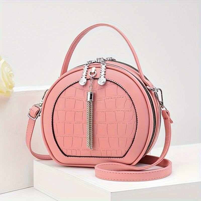 Ladies Handbag Round Handbag Croc-Embossed Handbag Tassel Handbag High-Quality - Burgundy - Size L