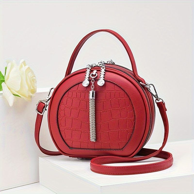 Ladies Handbag Round Handbag Croc-Embossed Handbag Tassel Handbag High-Quality - Pink - Size L