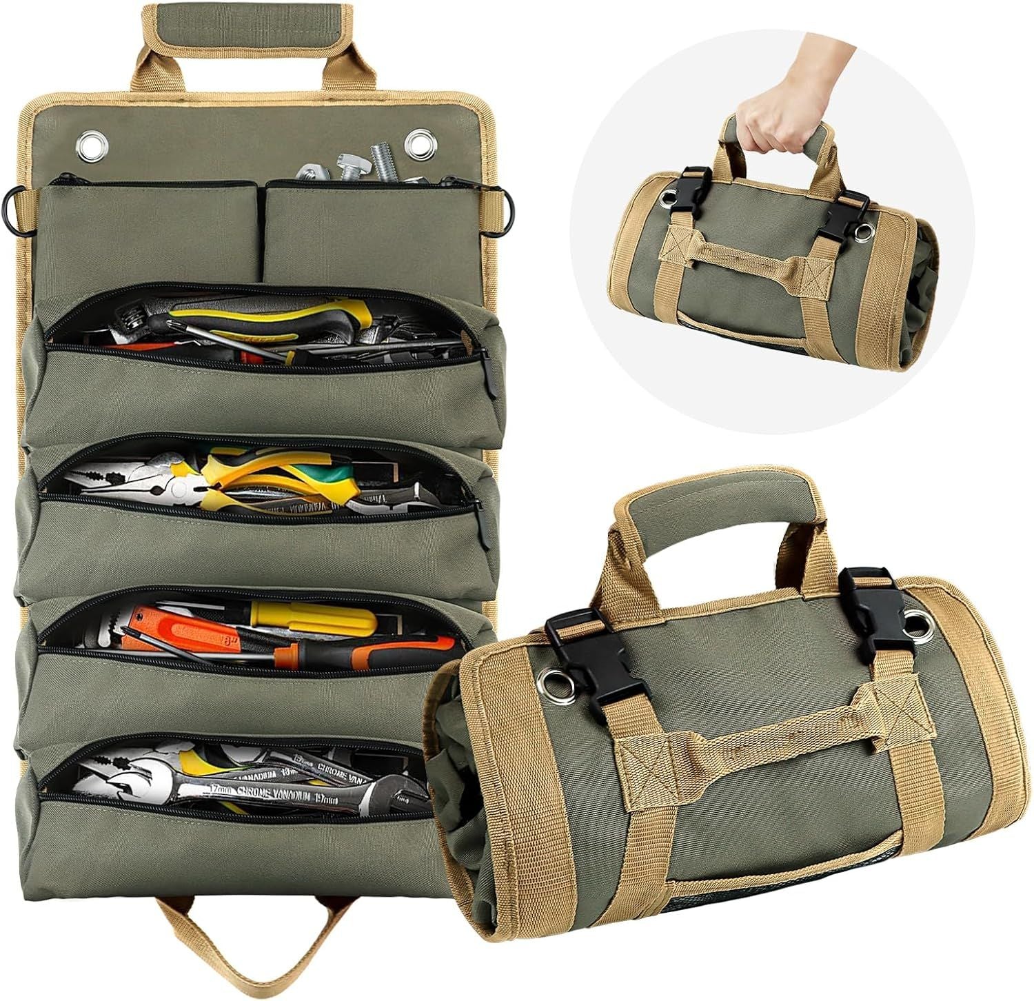 Tool Roll Bag, Small Roll Up Tool Bag with Detachable Pouches, Heavy Duty Roll Up Tool Bag Organizer, Tool Storage Kit for Mechanic & Electrician, Gifts for Men (Green) Main image