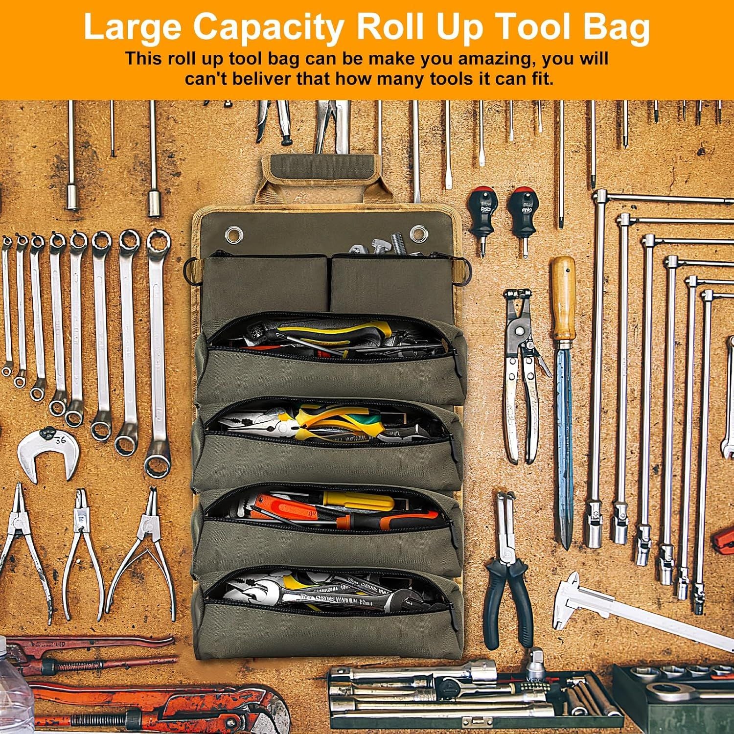Tool Roll Bag, Small Roll Up Tool Bag with Detachable Pouches, Heavy Duty Roll Up Tool Bag Organizer, Tool Storage Kit for Mechanic & Electrician, Gifts for Men (Green)