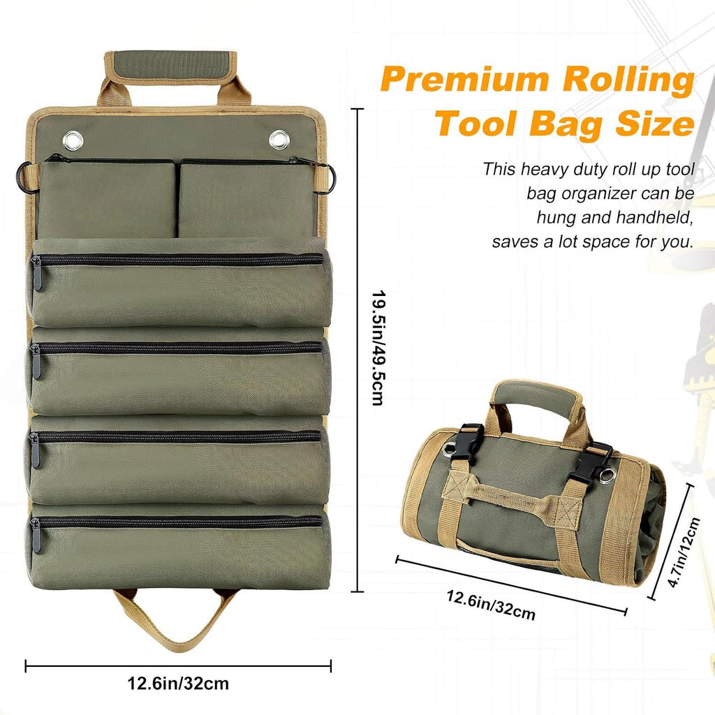 Tool Roll Bag, Small Roll Up Tool Bag with Detachable Pouches, Heavy Duty Roll Up Tool Bag Organizer, Tool Storage Kit for Mechanic & Electrician, Gifts for Men (Green)
