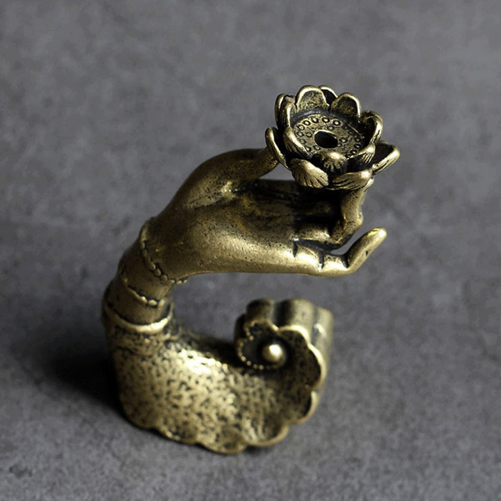 Antique Copper Buddha Hand Lotus Base Incense Holder Censer Figurine Brass Incense Burner Crafts Desktop Ornaments Gifts