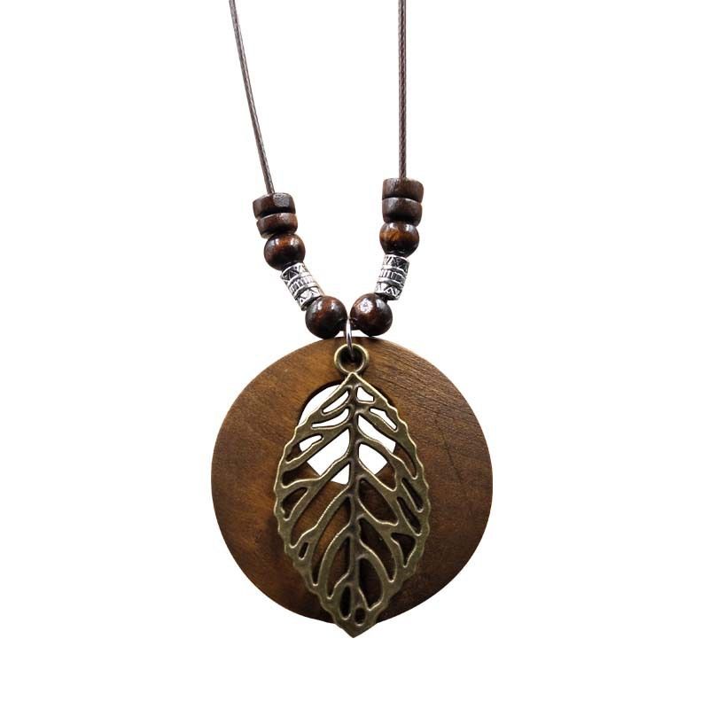 Vintage Necklace Wooden Pendant Long Necklaces for Women Boho Ethnic Style Handmade Jewelry-Wooden Pendant Necklace Leaf Main image