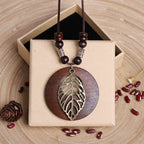 Vintage Necklace Wooden Pendant Long Necklaces for Women Boho Ethnic Style Handmade Jewelry-Wooden Pendant Necklace Leaf