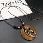Vintage Necklace Wooden Pendant Long Necklaces for Women Boho Ethnic Style Handmade Jewelry-Wooden Pendant Necklace Leaf