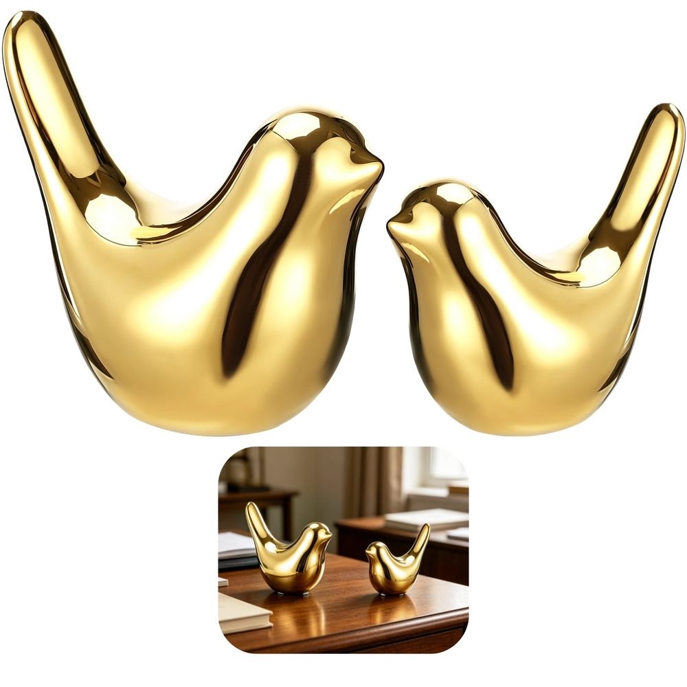 2PCS Gold Ceramic Bird Statues, Modern Style Avian Figurines, Charming Home Decor, Auspicious Tabletop Ornament for Desk, Coffee Table, Living Room, Bedroom and Office