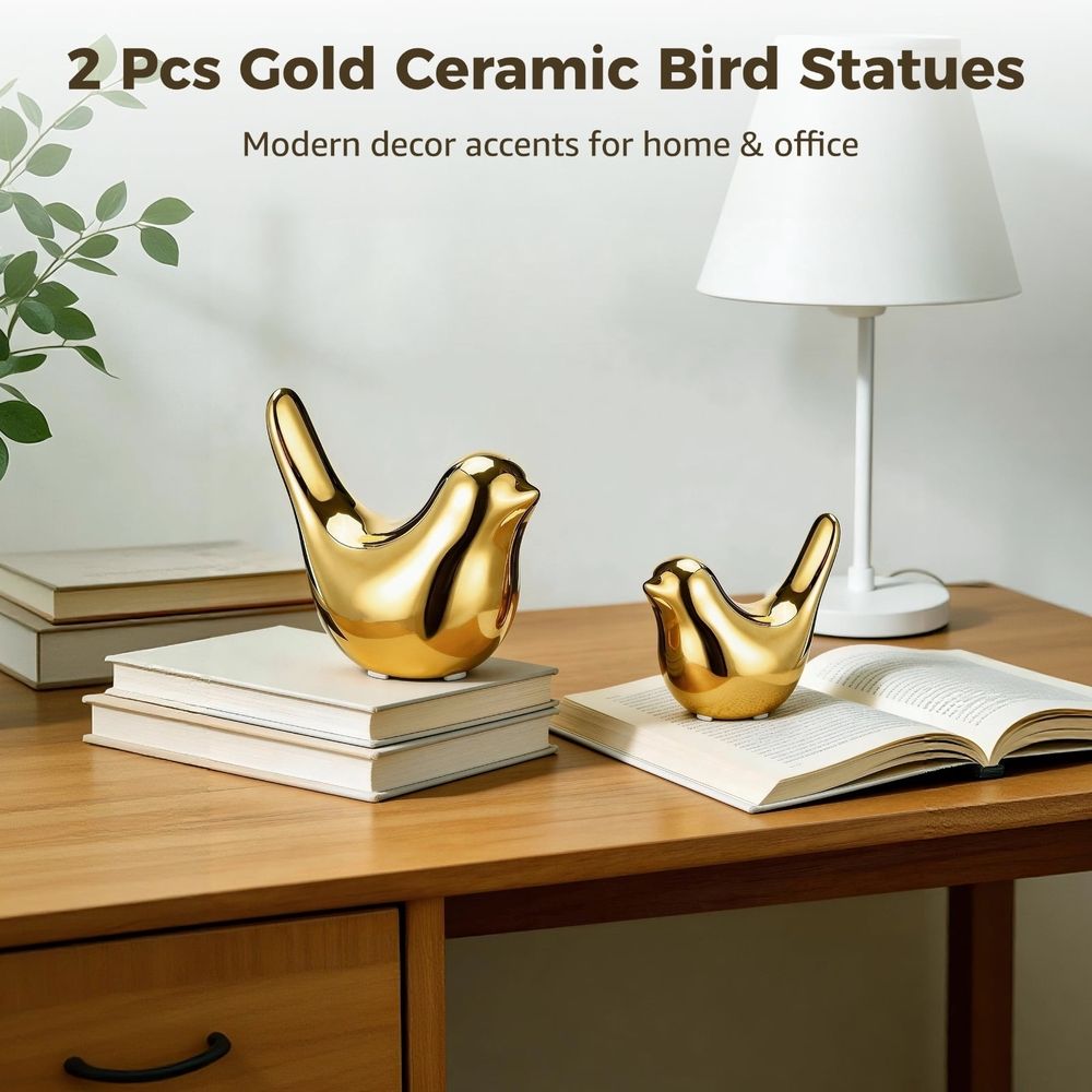 2PCS Gold Ceramic Bird Statues, Modern Style Avian Figurines, Charming Home Decor, Auspicious Tabletop Ornament for Desk, Coffee Table, Living Room, Bedroom and Office