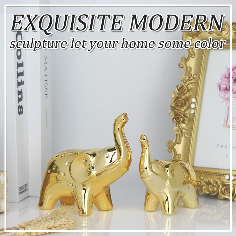 A Pair Elephant Statue Home Decor,Modern Style Figurines,Sculpture for Office Desktop Bookshelf Living Room (Ceramics Gold)