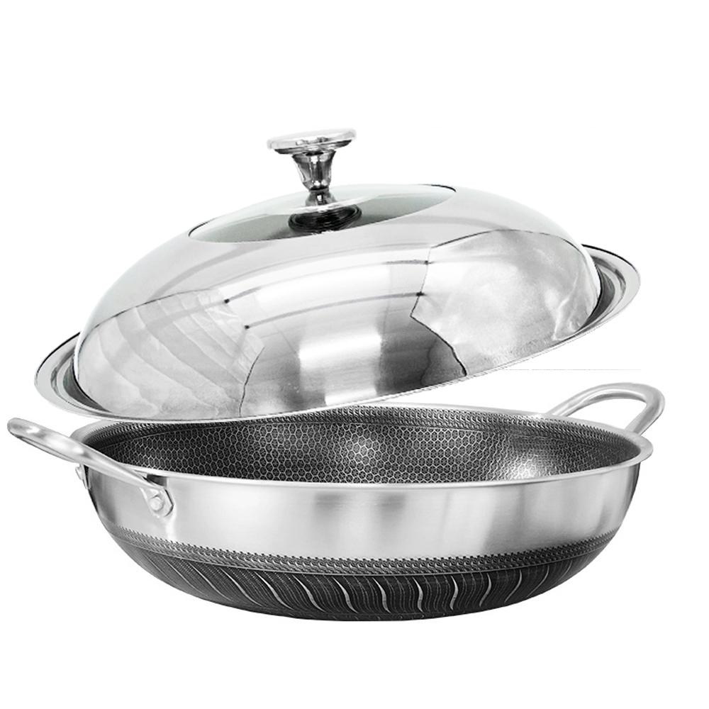Double Ear 304 Stainless Steel 38cm Non-Stick Stir Fry Cooking Kitchen Wok Pan with Lid Honeycomb Double Sided Hauptbild