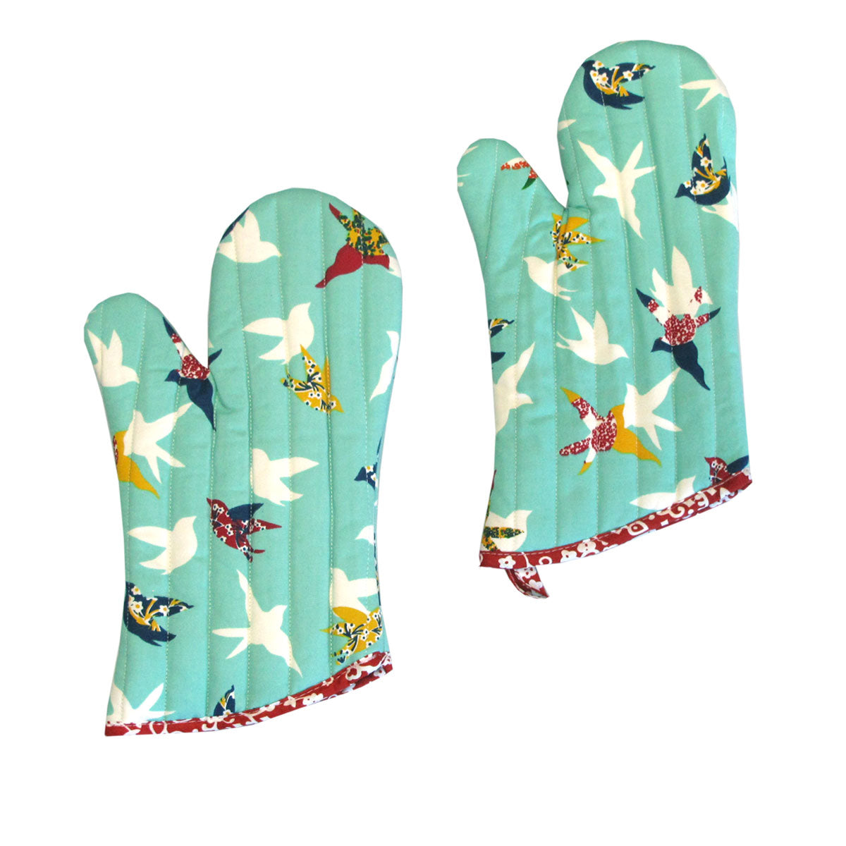 Set of 2 100% Cotton Printed Oven Mitts 34 x 15 cm Aqua Birds Main image