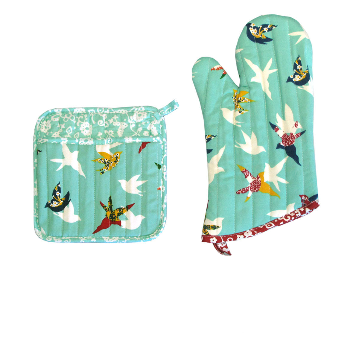 Set of 100% Cotton Printed Oven Mitt + Pot Holder Aqua Birds Main image