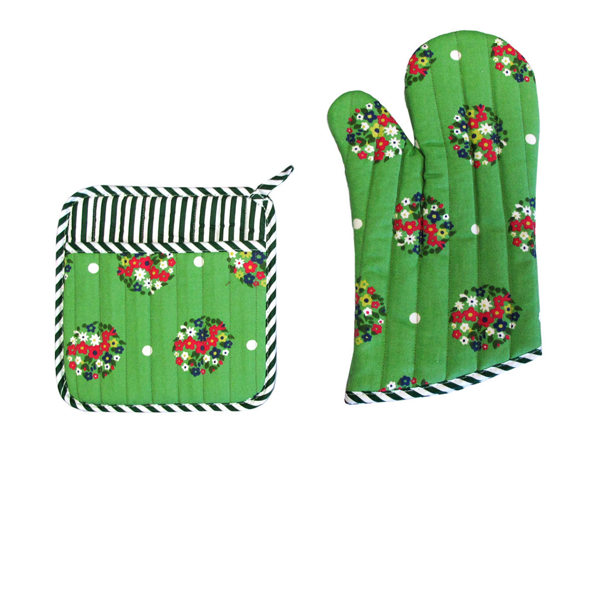 Set of 100% Cotton Printed Oven Mitt + Pot Holder Green Blossom Main image