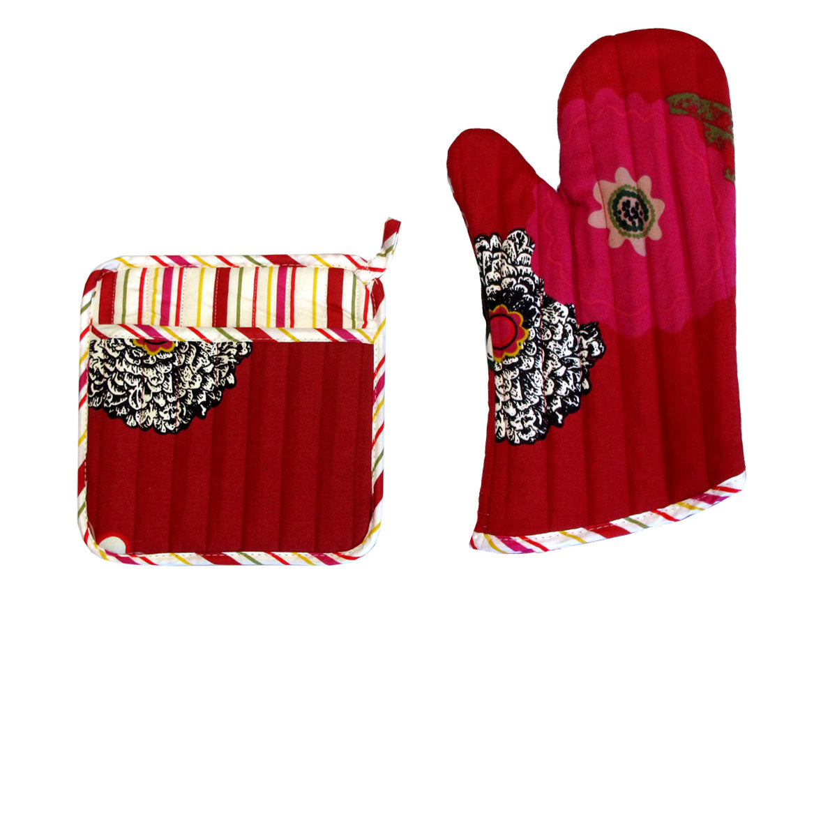 Set of 100% Cotton Printed Oven Mitt + Pot Holder Red Floral Main image