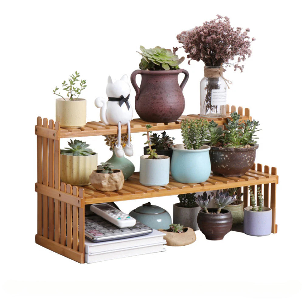 2 Tier Bamboo Plant Stand Shelves Flower Pot Rack Garden Indoor Outdoor Patio Main image