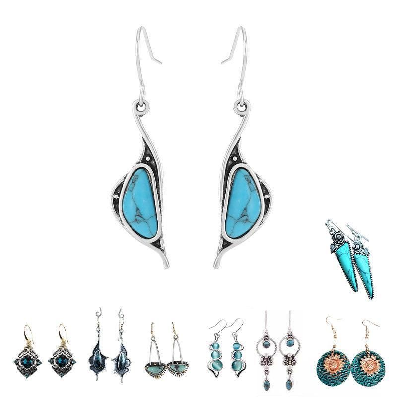 Retro Boho Turquoise Flower Earrings Hook Moonstone Dangle Drop Sapphire Women - 1239