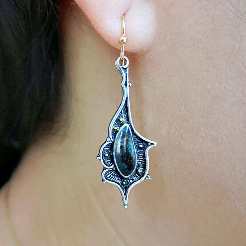 Retro Boho Turquoise Flower Earrings Hook Moonstone Dangle Drop Sapphire Women - 1239