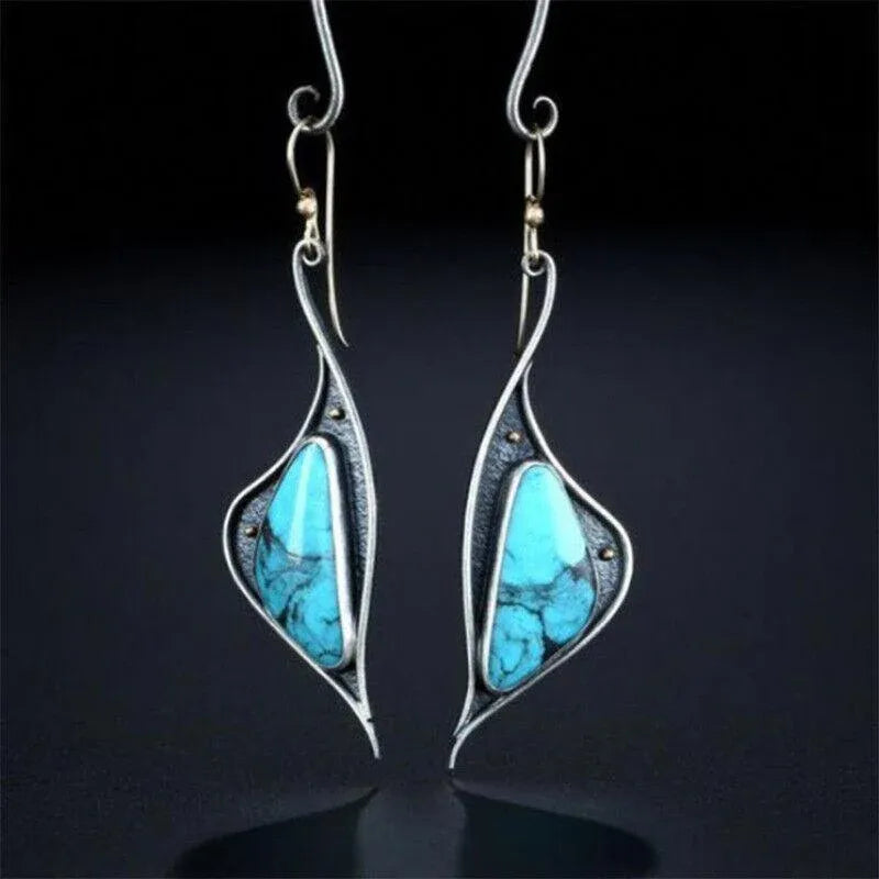 Retro Boho Turquoise Flower Earrings Hook Moonstone Dangle Drop Sapphire Women - 1239