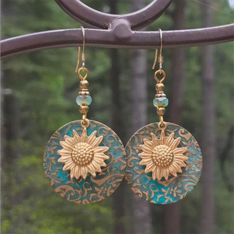 Retro Boho Turquoise Flower Earrings Hook Moonstone Dangle Drop Sapphire Women - 1239