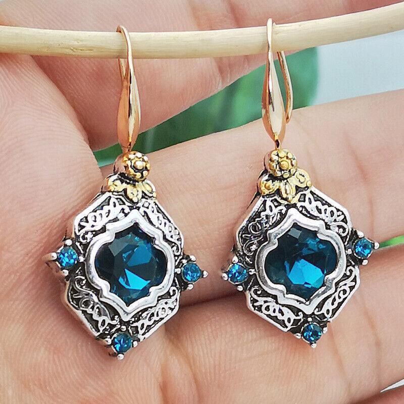 Retro Boho Turquoise Flower Earrings Hook Moonstone Dangle Drop Sapphire Women - 1236