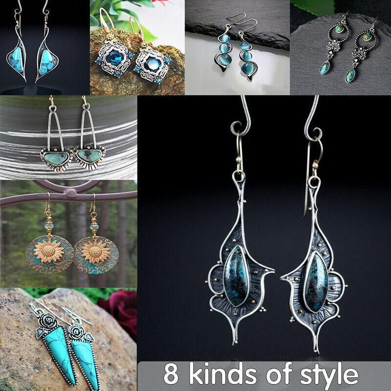 Retro Boho Turquoise Flower Earrings Hook Moonstone Dangle Drop Sapphire Women - 1240