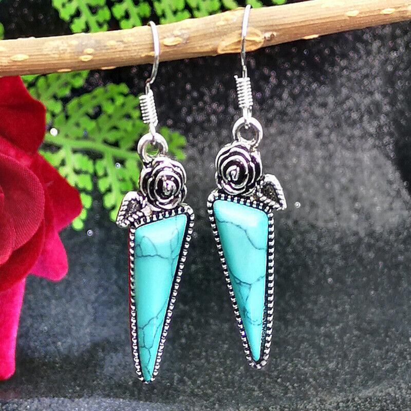 Retro Boho Turquoise Flower Earrings Hook Moonstone Dangle Drop Sapphire Women - 1248