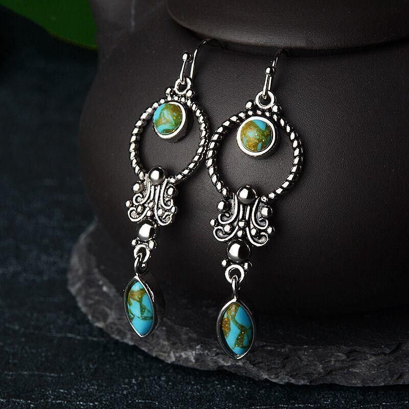Retro Boho Turquoise Flower Earrings Hook Moonstone Dangle Drop Sapphire Women - 1248