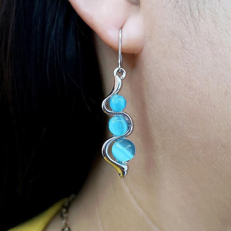 Retro Boho Turquoise Flower Earrings Hook Moonstone Dangle Drop Sapphire Women - 1248