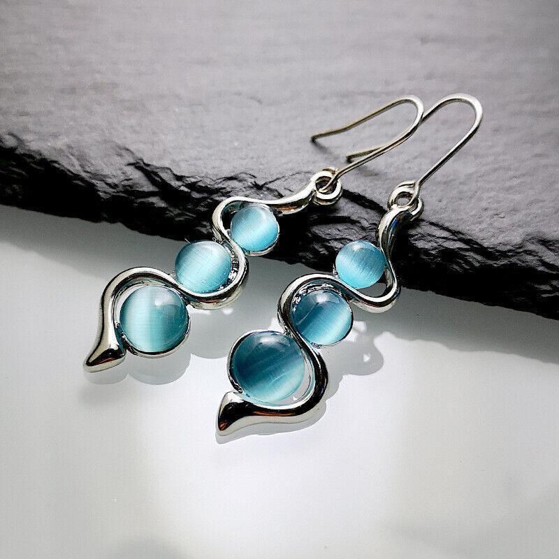 Retro Boho Turquoise Flower Earrings Hook Moonstone Dangle Drop Sapphire Women - 1241